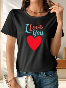 Classic Short-Sleeved T-Shirt For Women With An 'I Love You' Print, Perfect For Spring And Summer. It's An Ideal Choice For Lounging At Home, Vacations, Or Casual Wear On Campus. A Bestseller. - 黑色 - 查看 1