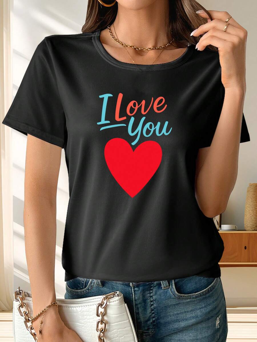 Classic Short-Sleeved T-Shirt For Women With An 'I Love You' Print, Perfect For Spring And Summer. It's An Ideal Choice For Lounging At Home, Vacations, Or Casual Wear On Campus. A Bestseller. - 黑色 - 查看 1