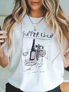 Camiseta casual de cuello redondo para mujer, estampado gráfico - Top de poliéster tejido de verano, manga corta, longitud regular - Diseño Super Club. - Blanco - Ver 7