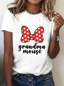 Camiseta deportiva de manga corta con cuello redondo y estampado de la abuela ratona, cómoda y transpirable, blusa casual versátil para mujer. - Blanco - Ver 12