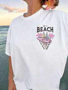 Camiseta Casual de Verano para Mujer con Estampado de Palmeras y Letras, Cuello Redondo, Manga Corta, Camisetas Gráficas, Tops para Mujer - Blanco - Ver 2