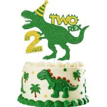 1 pièce/3 pièces Décoration de gâteau d'anniversaire en forme d'œuf de dinosaure, dinosaure vert et or pailleté - Multicolore - Voir 10