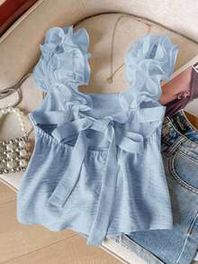 Frenchy Camiseta de tirantes de mujer con volantes de unicolor y parches, con detalle de nudo en la espalda - Celeste - Ver 1