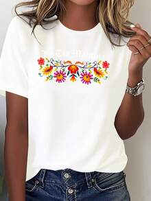 Women's Mexican Style Pure Cotton T-Shirt, Solid Color Summer T-Shirt With Print, Comfortable And Versatile, Casual Short Sleeve T-Shirt For Women - 白色 - 查看 7