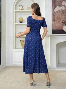 Vestido largo de noche de manga corta con cuello cuadrado, estampado floral ditsy y abertura para vacaciones de verano para mujeres - Azul marino - Ver 6