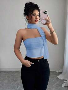 Top de camisola plisado con decoración de bufanda de malla elegante para mujeres - Azul 2 - Ver 1