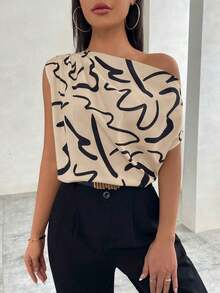Blusa asimétrica con cuello estampado para mujer - Caqui - Ver 6