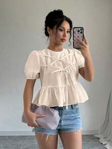 Blusa con volantes y mangas abullonadas con lazo en la parte delantera - Beis - Ver 3