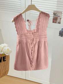 Blusa sin mangas de verano para mujer, de unicolor con parches de encaje - Rosa - Ver 3