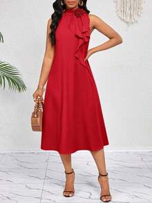 Lady Vestido de longitud media naranja con decoración de volantes florales tridimensionales en el cuello.Elegante y holgado para damas.Ideal para vacaciones de primavera y verano.Estilo bohemio. - Rojo - Ver 7