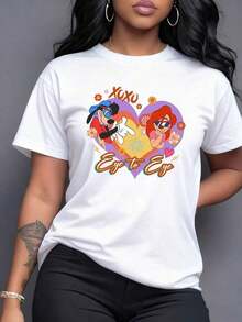 Corazón colorido con pareja divertida rodeada de flores que simbolizan amor alegre y energía positiva camiseta para mujer casual moderna y cómoda para uso diario,Camiseta de mujer elegante. - Blanco - Ver 7