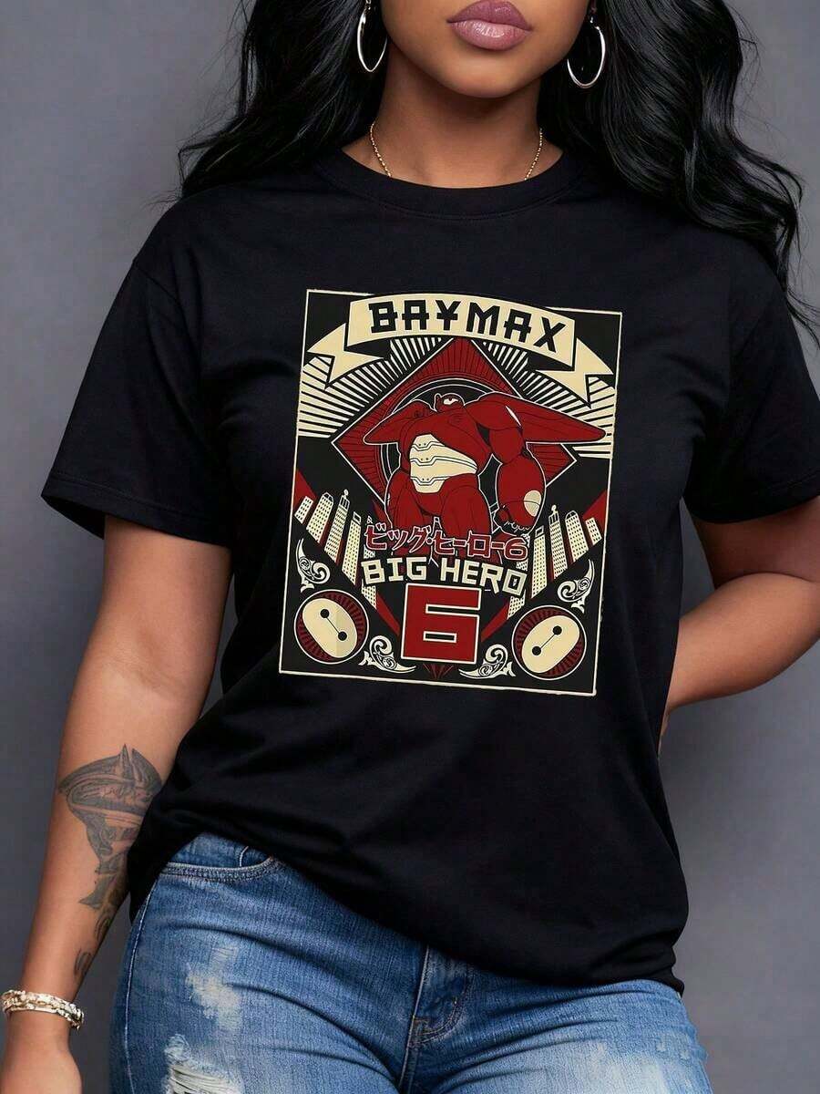 Figura futurista de robot rojo que representa fuerza y protección en una ciudad tecnológica llena de energía y esperanza camiseta de mujer con estampado urbano moderno,Camiseta de mujer elegante. - Negro - Ver 1