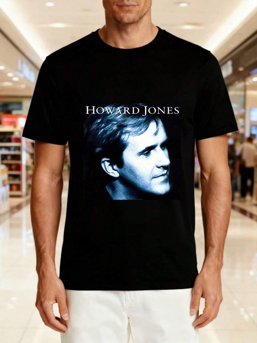Unisex T-Shirt Made Of Pure Cotton, Howard Jones Music Symbol T-Shirt For Men & Unisex Vintage Signature Portrait Print, Loose Fit Short Sleeve Crew Neck Tee, Casual Summer Shirt For Concerts, Festivals & Casual Wear, Summer T-Shirt, Summer Clothes For Women, Men's Summer Outfit, Women's Shirt, Creative Design, Outdoor Play, Cool Style, Fun Design, Great For Outdoor Play - Black - View 1