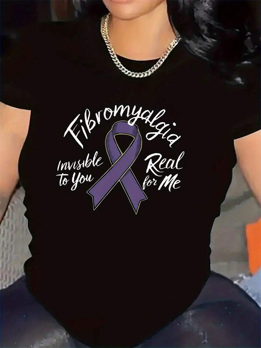 Camiseta de Manga Corta en Talla Grande, Diseño de Concienciación sobre la Fibromiaia en Blanco y , Adecu para el Hogar o la Oficina, Tejido Duradero y Cómodo, Regalo I para Apoyadores, Mejora la Visibilidad y Comprensión de Enfermedades Invisibles