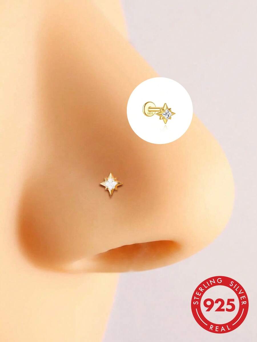 1件925纯银浪漫八角星立方氧化锆扁平鼻钉，低过敏防水，女士时尚配饰，适合日常、约会、度假、婚礼、派对、节日等场合佩戴。 - 金色 - 查看 1