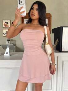 Vestido corto sexy tipo bandeau con estampado de leopardo y falda con volantes en capas - Rosa 2 - Ver 1