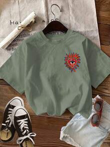 [Double Side Print] Women's Bohemian Style "Heart Eyes Petals Viva" Print Casual Summer Top, Round Neck, Pure Cotton, Short Sleeve, Loose Fit Retro T-Shirt. - 還有格林 - 查看 3