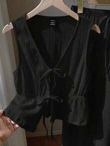 Conjunto de 2 piezas casual para mujer con top de cuello en V y pantalones en punto liso negro - Negro - Ver 3