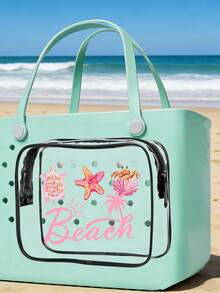 New "Beach" Print Waterproof PVC Beach Bag, Decorated With Shells And Starfish, Beach Accessories, Toiletry Bag, Travel Accessories, Suitable For Decorative Items, Suitable For Travel And Outings, Durable Waterproof And Wear-Resistant, Easy To Clean, Suitable For Bogg Bags, Transparent Bogg Cosmetic Bag With Phone Holder, Internal Compartment Storage Space, Suitable For Travel Cosmetic Bag - Multicolor - View 1