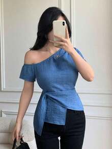 Blusa casual elegante de hombros con nudo, de corte slim para mujeres - Azul 2 - Ver 7