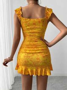 Vestido con estampado floral, volantes y bajo sexy para mujer - Naranja - Ver 3
