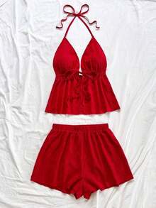 Conjunto de 2 piezas de vacaciones para mujer, top de tirantes con escote en V con textura rojo y shorts sueltos extremadamente cortos, adecuado para citas, fiestas y paseos por la ciudad - Rojo - Ver 6