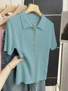 Nueva Camisa Polo Casual de Verano, Holgada, Versátil, Minimalista, Elegante y Suave, Adecuada para Oficina, Trabajo, Viajes Diarios, Diseño con Botones Metálicos, Corte Ajustado, Discreta, Unisex, Cárdigan Extremadamente Sencillo para Mujer - Azul menta - Ver 8