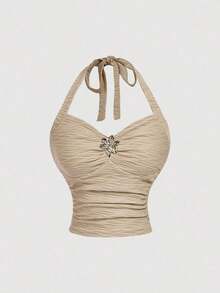 Set de 2 piezas de top halter y minifalda de jacquard para mujer, conjunto de falda y top blanco, ropa de otoño para mujer, atuendo para fiesta, boda, salida, conjunto elegante de mujer, conjunto chic de mujer, ropa de campo para mujer - Café integral - Ver 5