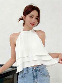 Blusa sin mangas de vestir informal y sencilla para mujeres, para salir - Beis - Ver 3