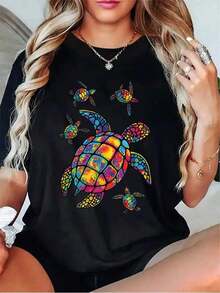 Camiseta de Mujer con Diseño de Tortugas Marinas en Mosaico Vibrante de Vidrio Coloreado en Negro, Gris, Blanco, Blanco Claro, Rojo Oscuro - Negro - Ver 1