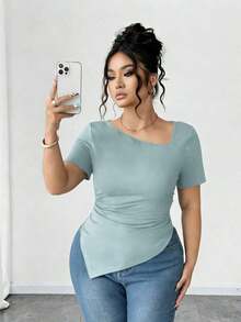 Camiseta de manga corta de cuello asimétrico para mujer talla grande, top ajustado versátil y elegante de alta gama, adecuado para primavera/verano - Azul - Ver 8