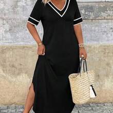 Holidaya Plus Size Women V-Neck Short Sleeve Casual Side Slit Hem Loose Dress - Blanco y Negro - Ver 1