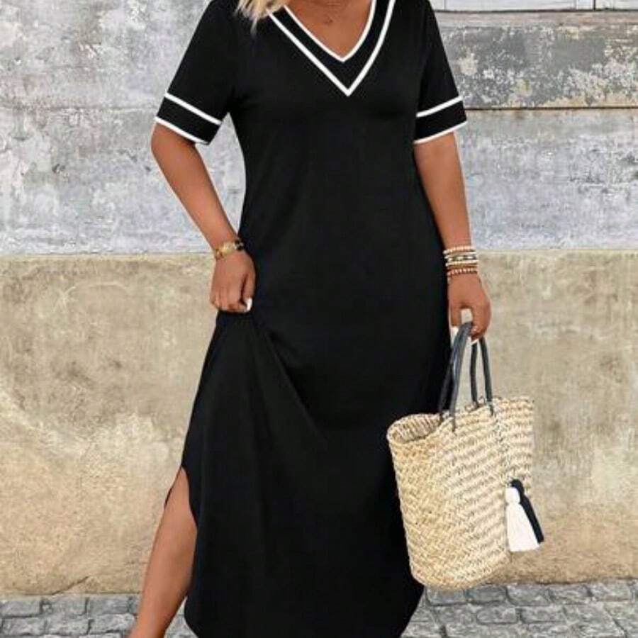 Holidaya Plus Size Women V-Neck Short Sleeve Casual Side Slit Hem Loose Dress - Blanco y Negro - Ver 1