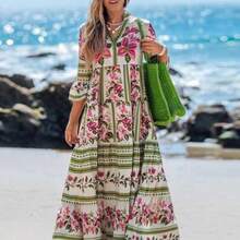 Women's Colorful Floral V-Neck Drawstring Long Sleeve Dress, Suitable For Spring/Summer Leopard Dress,Sun Dresses For Women Holiday Autumn Boho Chic Dress,Vacation - Multicolor - Ver 1