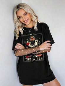 Mexican Basic 2026Camiseta gráfica de talla grande con diseño de cartas del tarot misteriosas, camiseta larga y holgada casual para volver al colegio, negra para el veranocool  New Launch - Negro - Ver 4