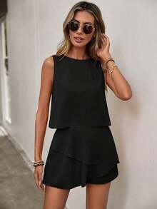 2 piezas de camiseta sin mangas y shorts de falda con diseño asimétrico y multicapa, ideal para uso casual, ir al trabajo o de vacaciones - Negro - Ver 5