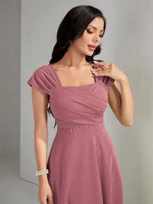 Vestido elegante de manga raglán y cuello cuadrado con detalle cruzado en el busto, de unicolor para mujeres - Rosa - Ver 6