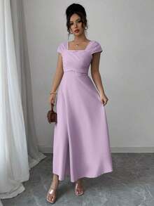 Vestido elegante de manga raglán y cuello cuadrado con detalle cruzado en el busto, de unicolor para mujeres - Púrpura malva - Ver 5