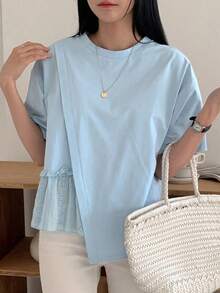 Camiseta casual de mujer para el verano con cuello redondo, manga corta, ajuste holgado y dobladillo con volantes y un solo unicolor - Azul - Ver 1