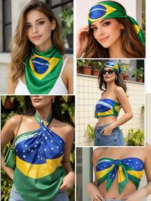 Women's Multifunctional Scarf With Brazilian Flag Print, Soft Satin | 90x90cm | Look - màu xanh lá - Xem 3