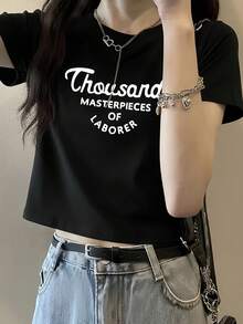 White Regular-Shoulder Short Sleeve Casual T-Shirt For Women, Letter Print, Fitted, Cropped, Suitable For Petite, Summer Black - Black - View 2