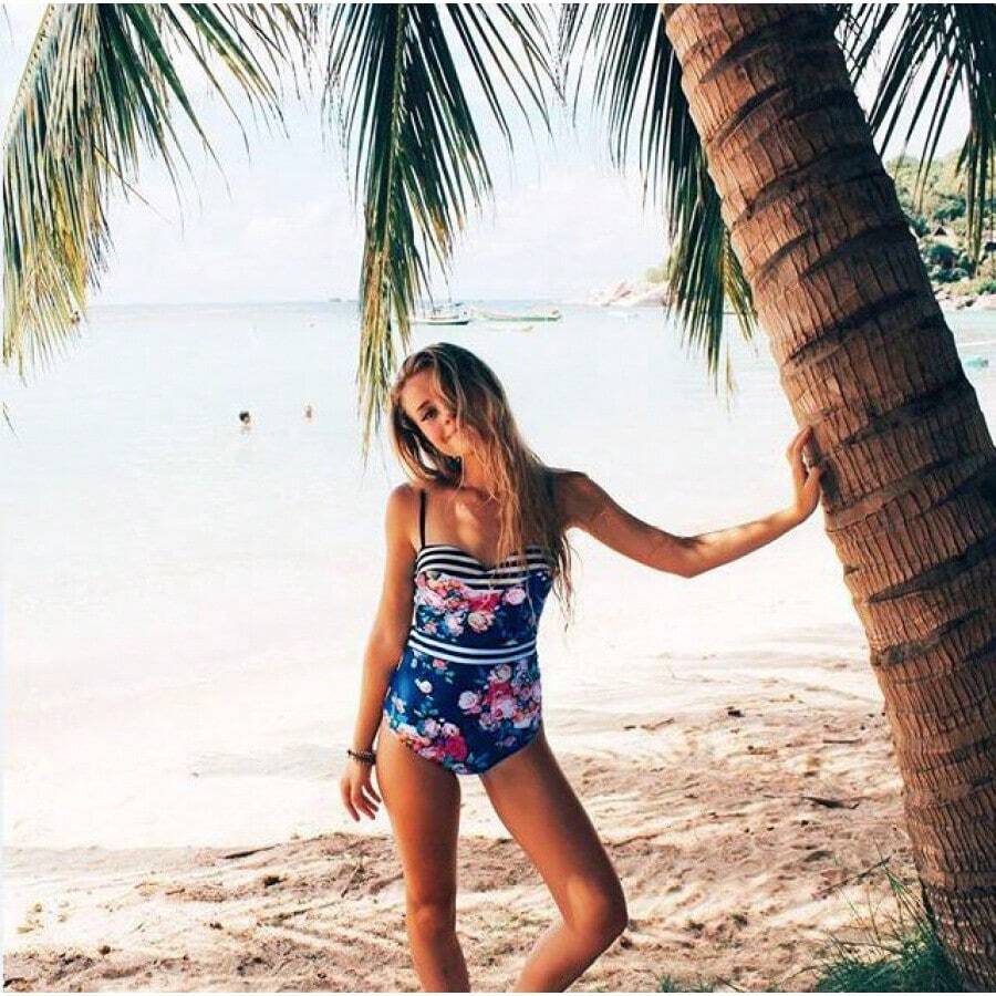 Fashionable Printed Sexy Blue Floral One-Piece Beach Swimsuit Bikini - High Quality <image Color 1> - View 1