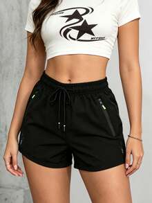 Women's Sports Shorts, Lightning Print, Zipper Pockets, Elastic Waist With Drawstring, Suitable For Running, Sports, And Casual Wear In Summer - Black - View 4
