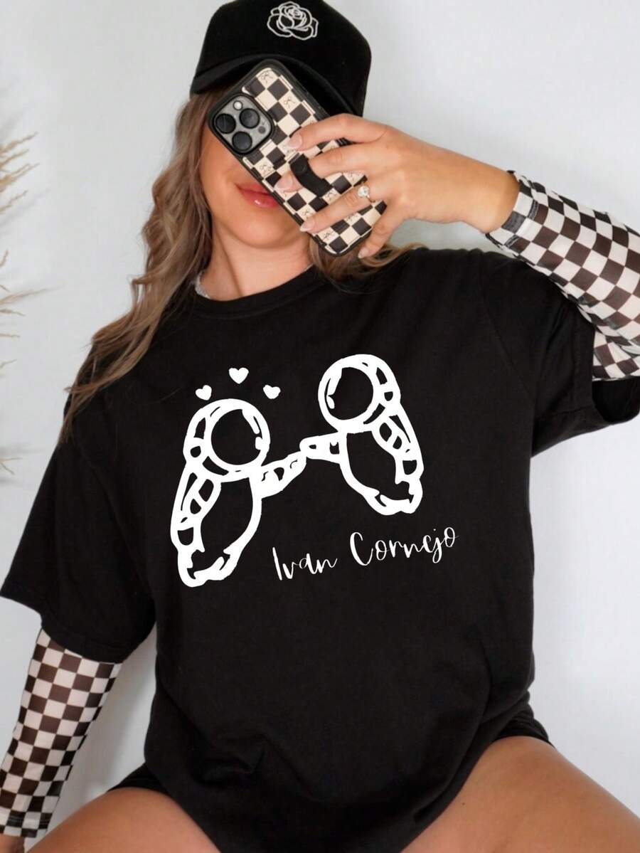 1 Piece 180g Women's T-Shirt, Men's Casual Cotton Crew Neck T-Shirt. Women's Sports T-Shirt. Designed By Y2K Generation Artists In The Bababask Style, Made From 100% Pure Cotton. Creative Cartoon Pattern Design, Comfortable Short Sleeves - 黑色2 - 查看 1