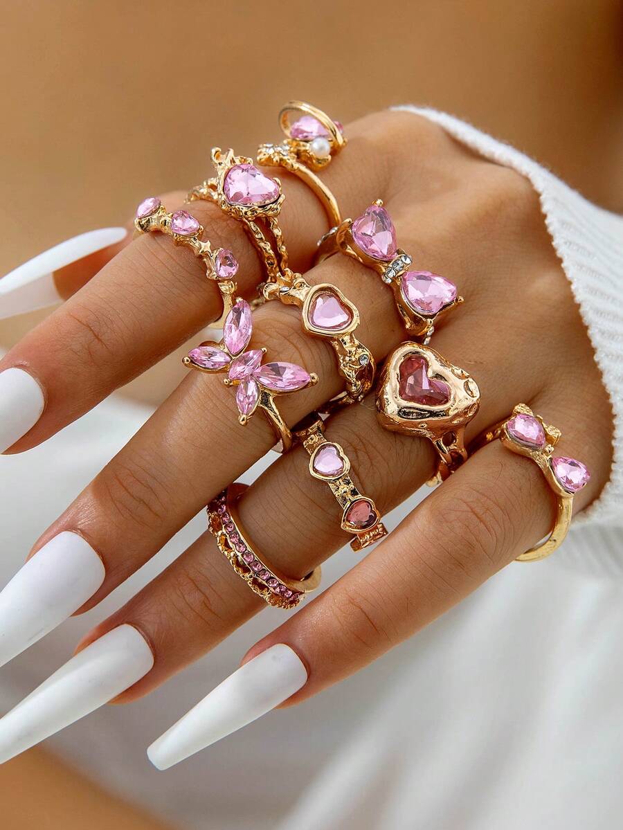 imoli 10pcs/Set Fashion Creative Geometric Bow Heart Rhinestone Knuckle Rings Set, Suitable For Women Stacking, Party Jewelry
