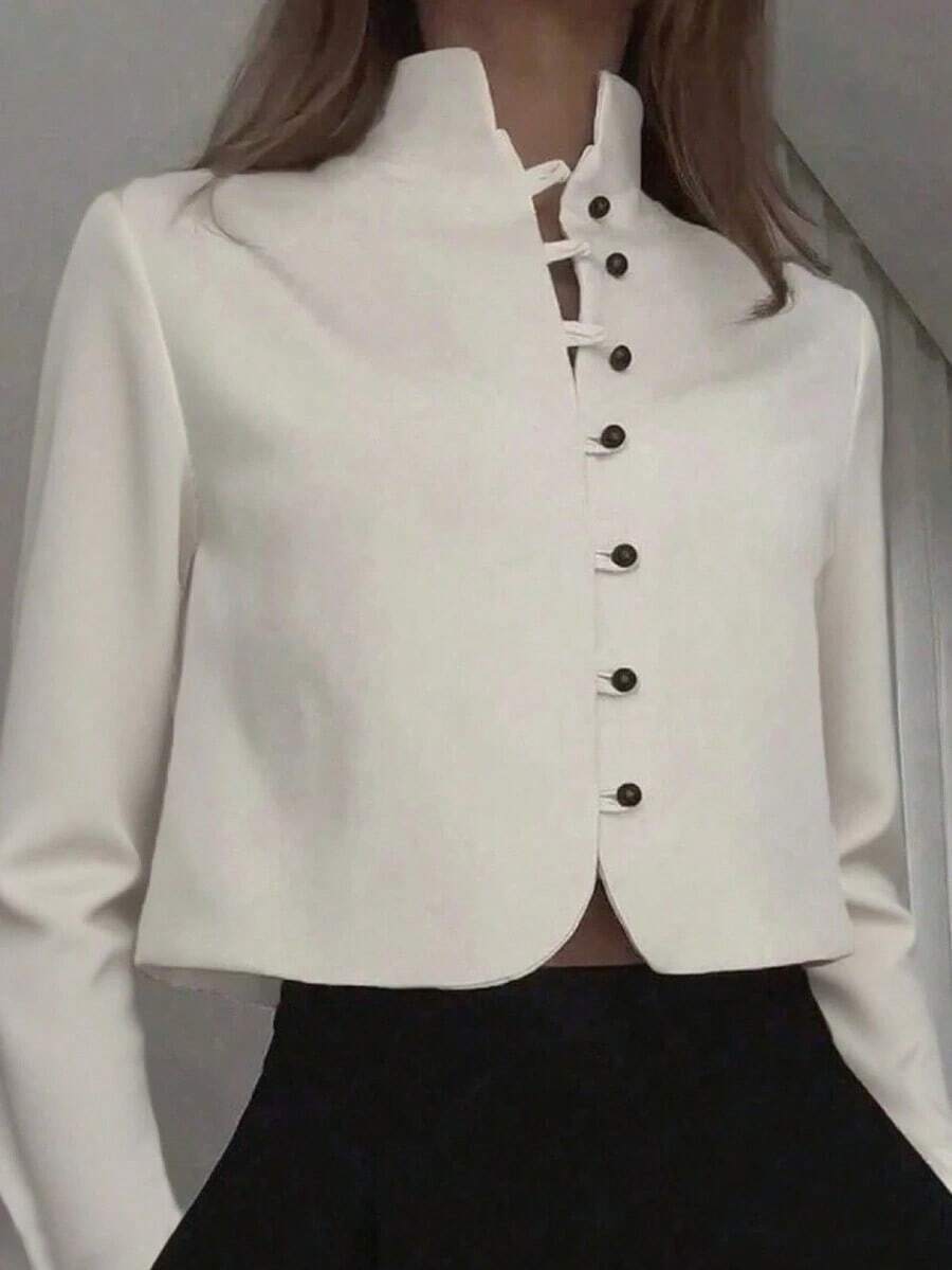 Blusa corta de manga larga con cuello mao y botones, elegante blusa delgada de unicolor, estilo chino moderno para mujer - Blanco - Ver 1
