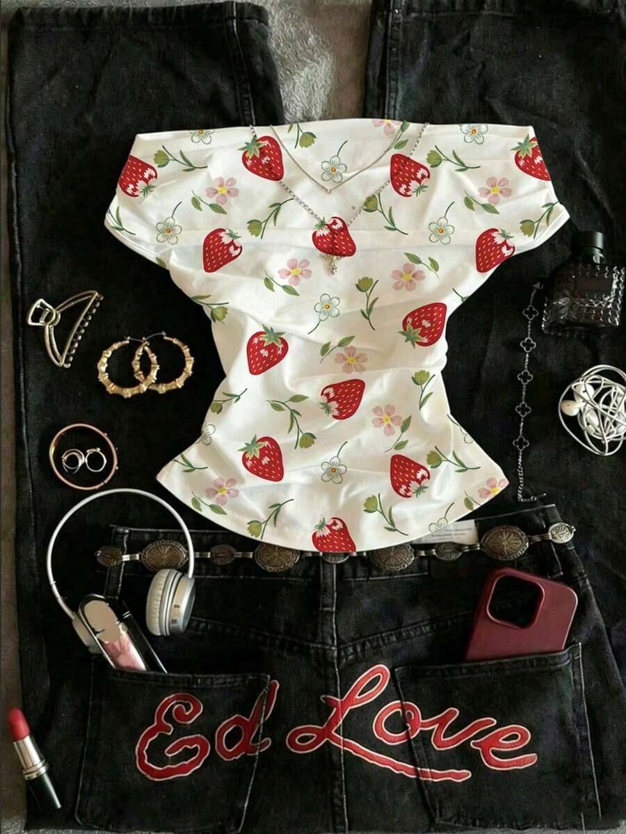 Blusa casual de mujer con estampado de flores y fresas, para verano - Multicolor - Ver 1
