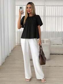 Camisa casual de mujer de unicolor, cuello redondo, manga corta y plisada - Negro - Ver 4
