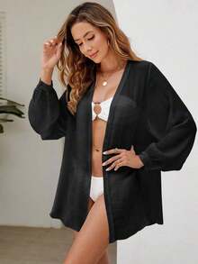 Holidaya Kimono unicolor con botón delantero - Negro - Ver 6