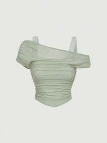 Top de chaleco de unicolor cubierto por una manga abullonada de malla color albaricoque para mujer - Verde - Ver 1